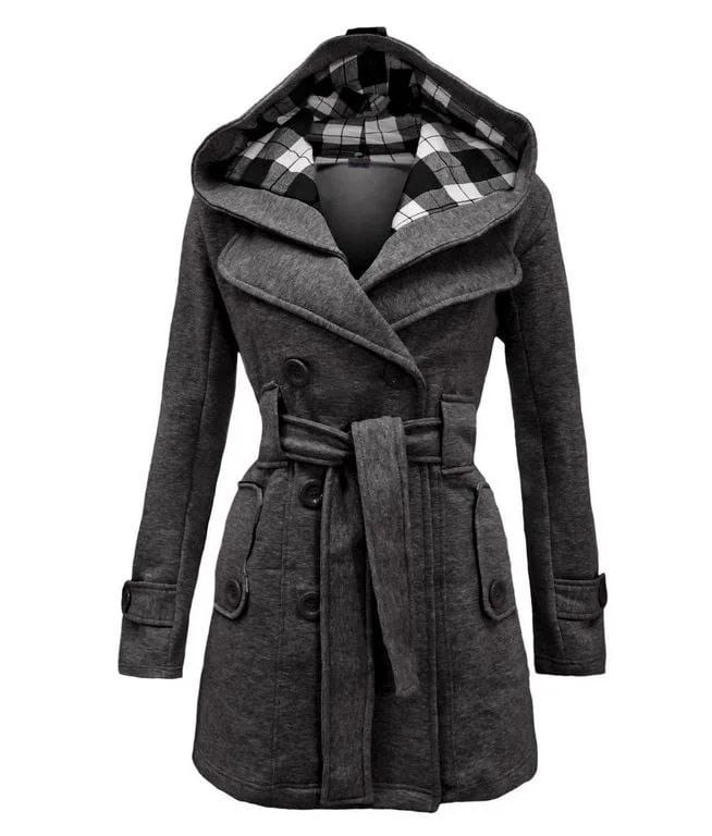 A&S Women's Check Hooded Style Double Pocket Winter Long Coat.